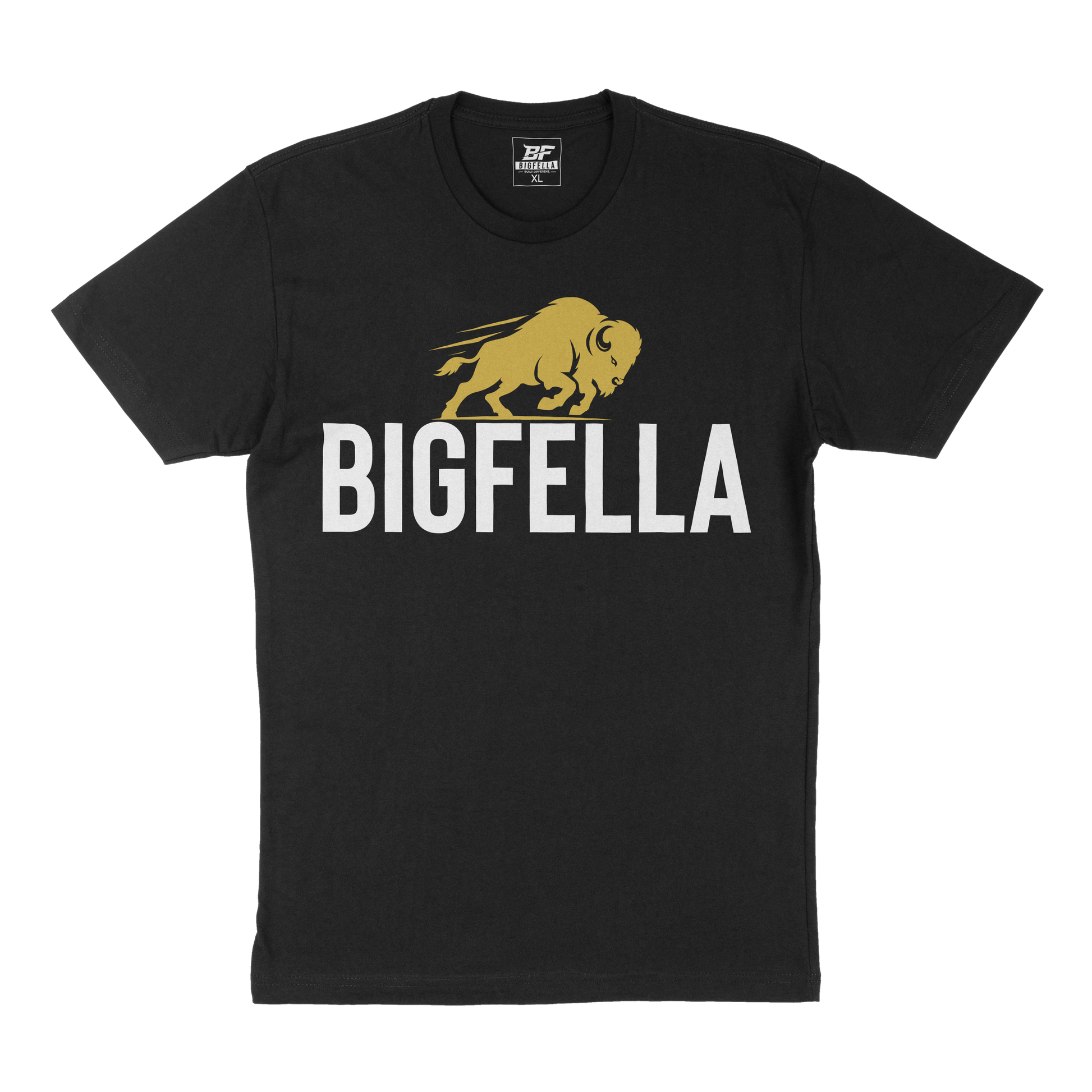 Black t-shirt with 'BIGFELLA' and a gold bison logo on a white background