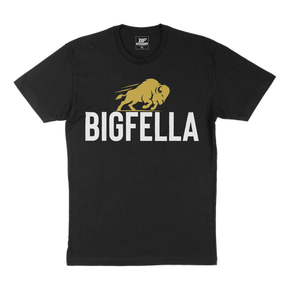 Black t-shirt with 'BIGFELLA' and a gold bison logo on a white background
