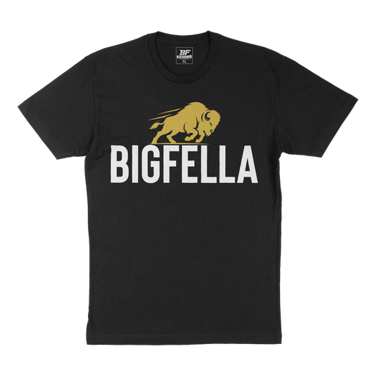 Black t-shirt with 'BIGFELLA' and a gold bison logo on a white background